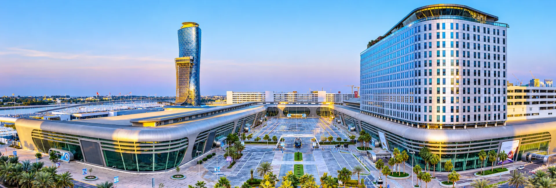 Aerial view of ADNEC, Abu Dhabi, at dusk